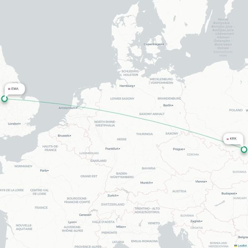 Nottingham - Krakau kaart van rechtstreekse vlucht