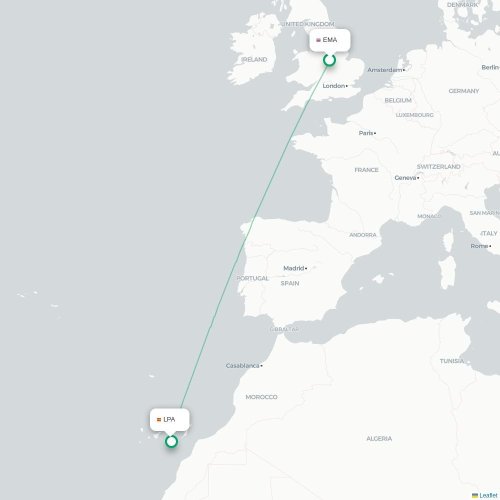 Mapa de vuelo directo Nottingham - Las Palmas de Gran Canaria
