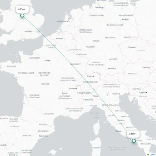 Mapa de vuelo directo Nottingham - Nápoles