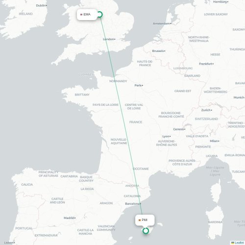 Mapa de vuelo directo Nottingham - Palma