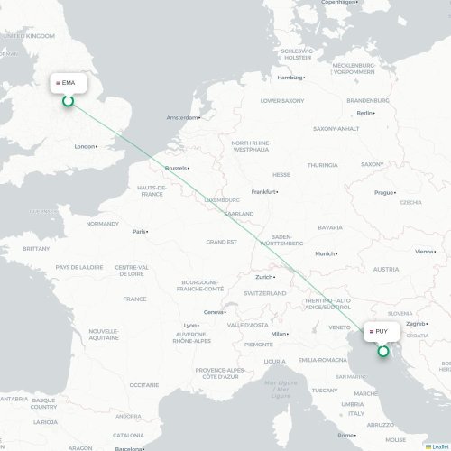 Mapa lotu bezpośredniego Nottingham – Pula