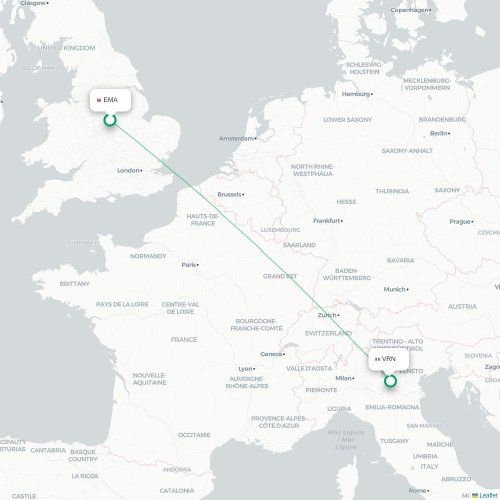 Mapa de vuelo directo Nottingham - Verona