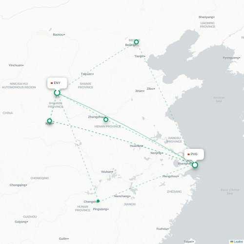 Mapa lotu bezpośredniego Yan’an – Szanghaj
