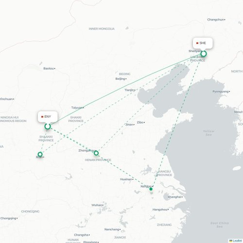 Mapa lotu bezpośredniego Yan’an – Shenyang