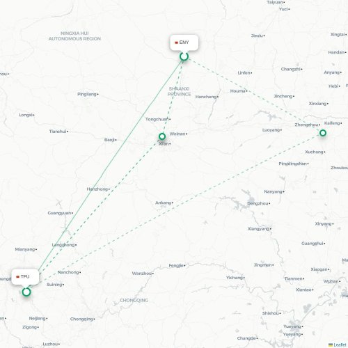 Mapa lotu bezpośredniego Yan’an – Chengdu