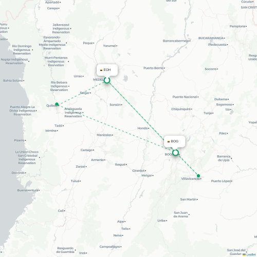 Medellín – Bogotá suoran lennon kartta