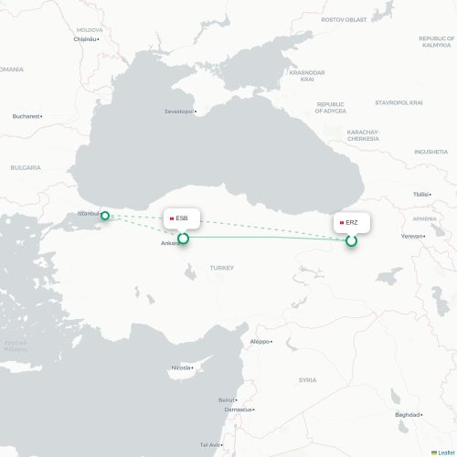 Mapa de vuelo directo Erzurum - Angora