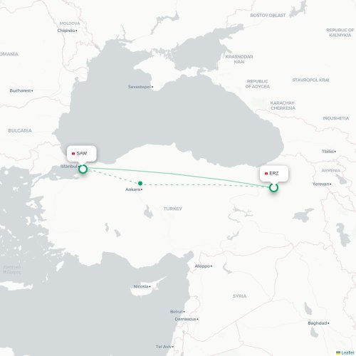 Mapa de vuelo directo Erzurum - Estambul