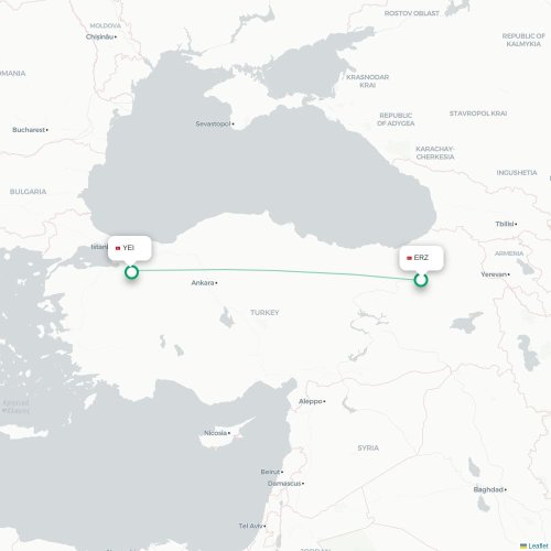 Mapa de vuelo directo Erzurum - Bursa