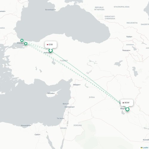 Mapa de vuelo directo Angora - Bagdad