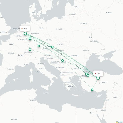 Mapa de vuelo directo Angora - Düsseldorf