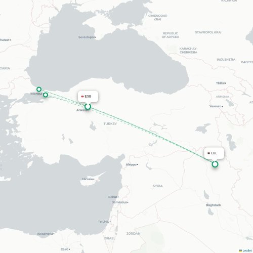 Mapa de vuelo directo Angora - Erbil