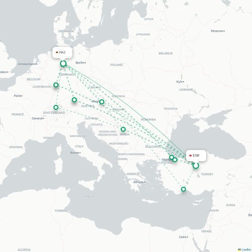 Mapa de vuelo directo Angora - Hannover