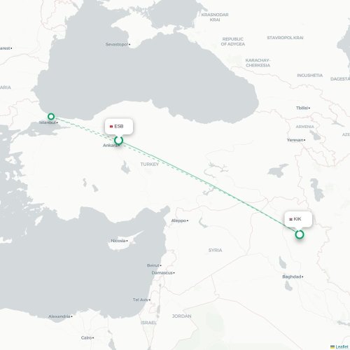 Mapa de vuelo directo Angora - Kirkuk
