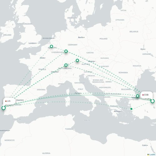 Ankara - Lissabon karta över direktflyg