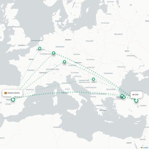 Mapa de vuelo directo Angora - Madrid