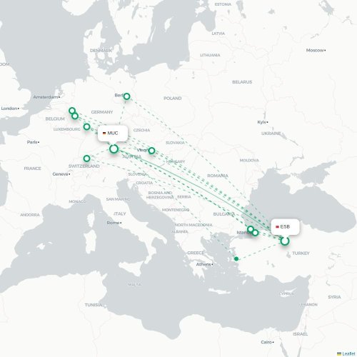 Mapa de vuelo directo Angora - Múnich