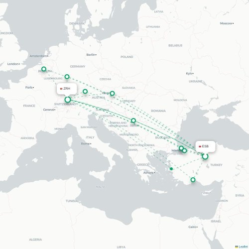 Ankara - Zurich karta över direktflyg