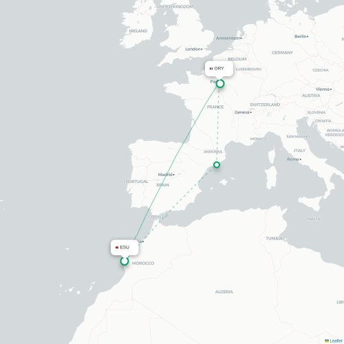 Mapa de vuelo directo Esauira - París
