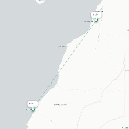 Mapa de vuelo directo El Aaiún - Dajla, Sáhara Occidental