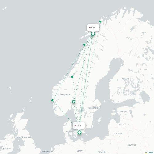 Mapa de vuelo directo Narvik - Copenhague