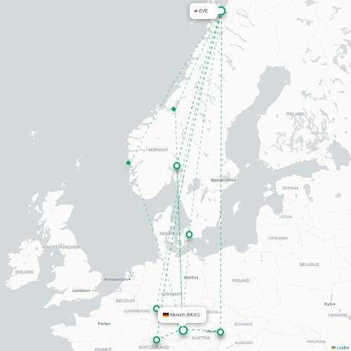Mapa de vuelo directo Narvik - Múnich
