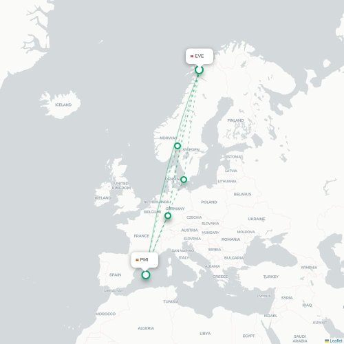 Mapa de vuelo directo Narvik - Palma
