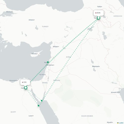 Mapa de vuelo directo Ereván - El Cairo