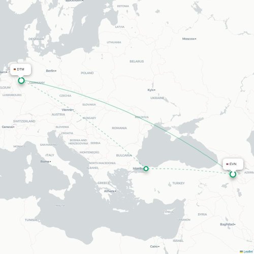 Mapa de vuelo directo Ereván - Dortmund