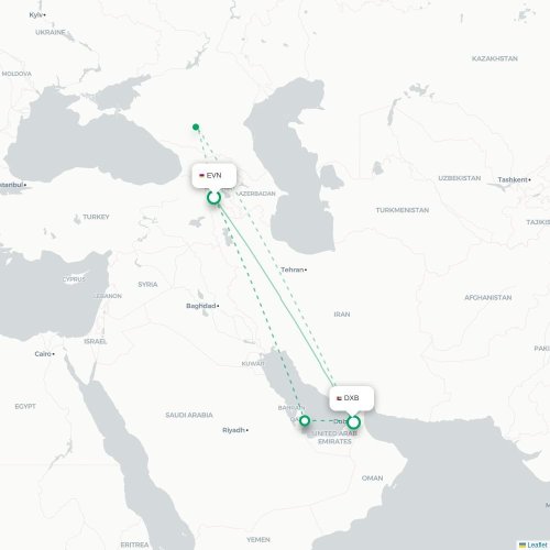 Mapa de vuelo directo Ereván - Dubái