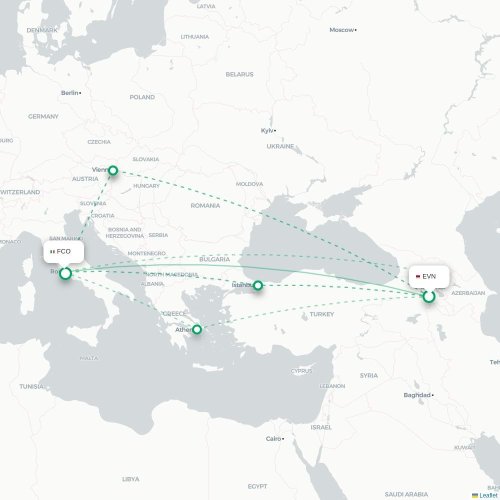 Mapa de vuelo directo Ereván - Roma
