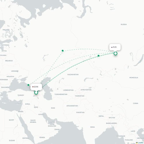 Mapa de vuelo directo Ereván - Krasnoyarsk