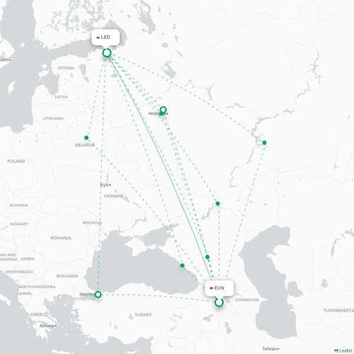Mapa de vuelo directo Ereván - San Petersburgo