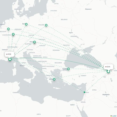 Mapa de vuelo directo Ereván - Niza