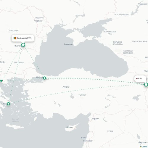 Mapa de vuelo directo Ereván - Bucarest