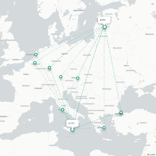Mapa de vuelo directo Ereván - Riga