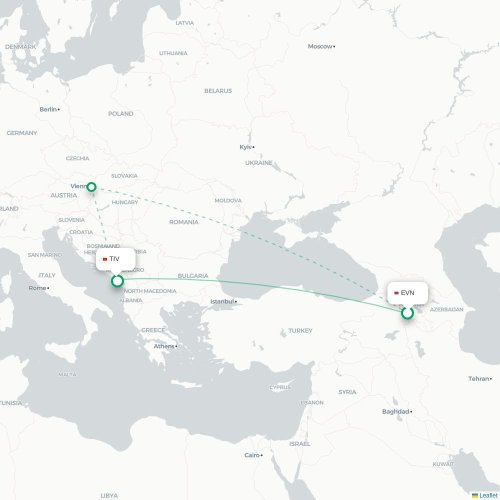 Mapa lotu bezpośredniego Erywań – Tivat