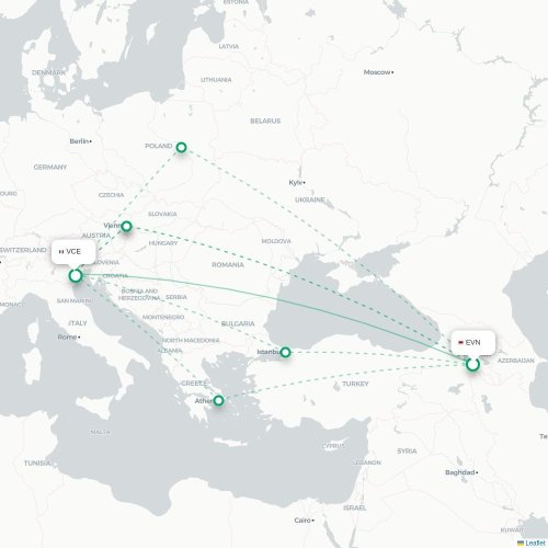 Mapa de vuelo directo Ereván - Venecia