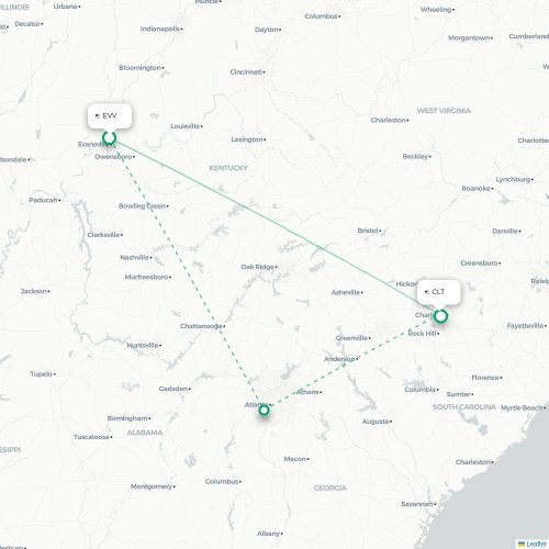 Mapa de vuelo directo Evansville - Charlotte