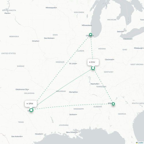 Mapa de vuelo directo Evansville - Dallas