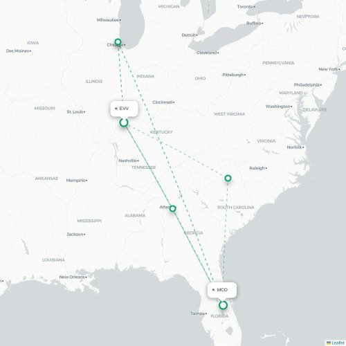 Mapa de vuelo directo Evansville - Orlando