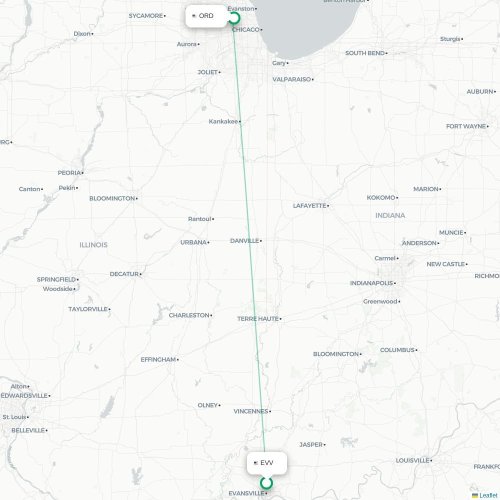 Mapa de vuelo directo Evansville - Chicago