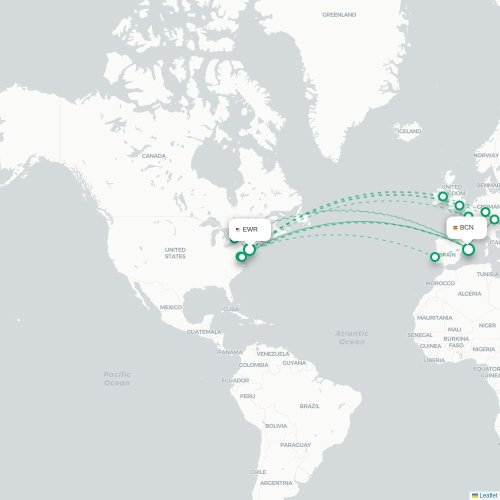 Newark – Barcelona suoran lennon kartta