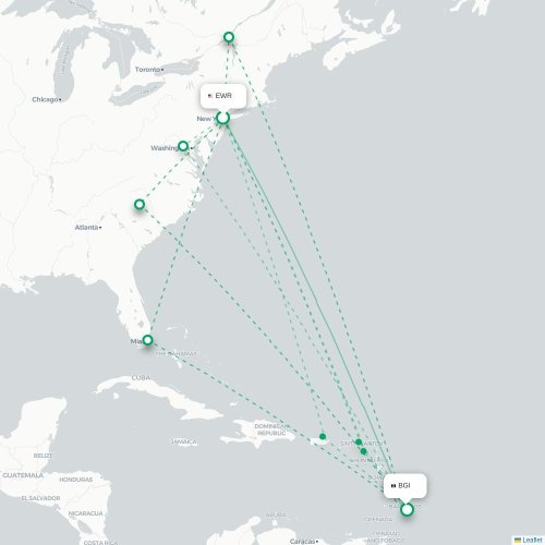 Mapa lotu bezpośredniego Newark – Bridgetown