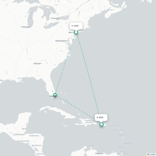 Mapa de vuelo directo Newark - Aguadilla