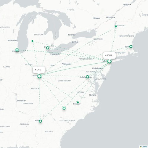Mapa lotu bezpośredniego Newark – Cincinnati