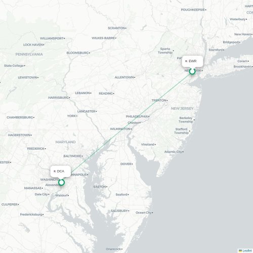 Mapa de vuelo directo Newark - Washington D. C.