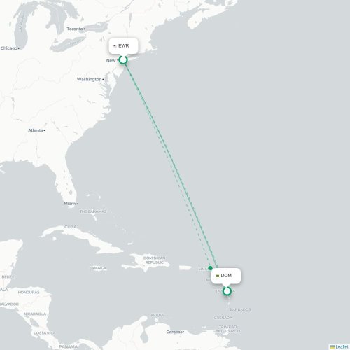 Mapa de vuelo directo Newark - Roseau
