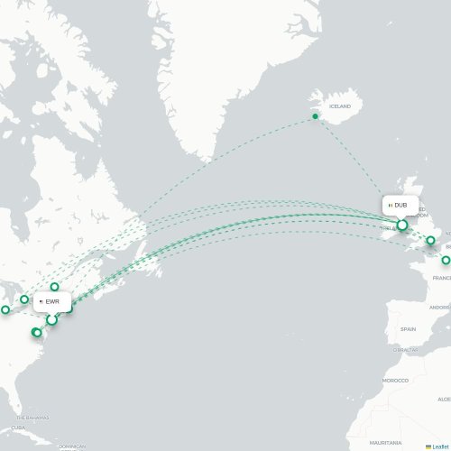 Mapa de vuelo directo Newark - Dublín
