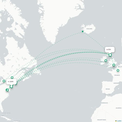 Mapa de vuelo directo Newark - Edimburgo